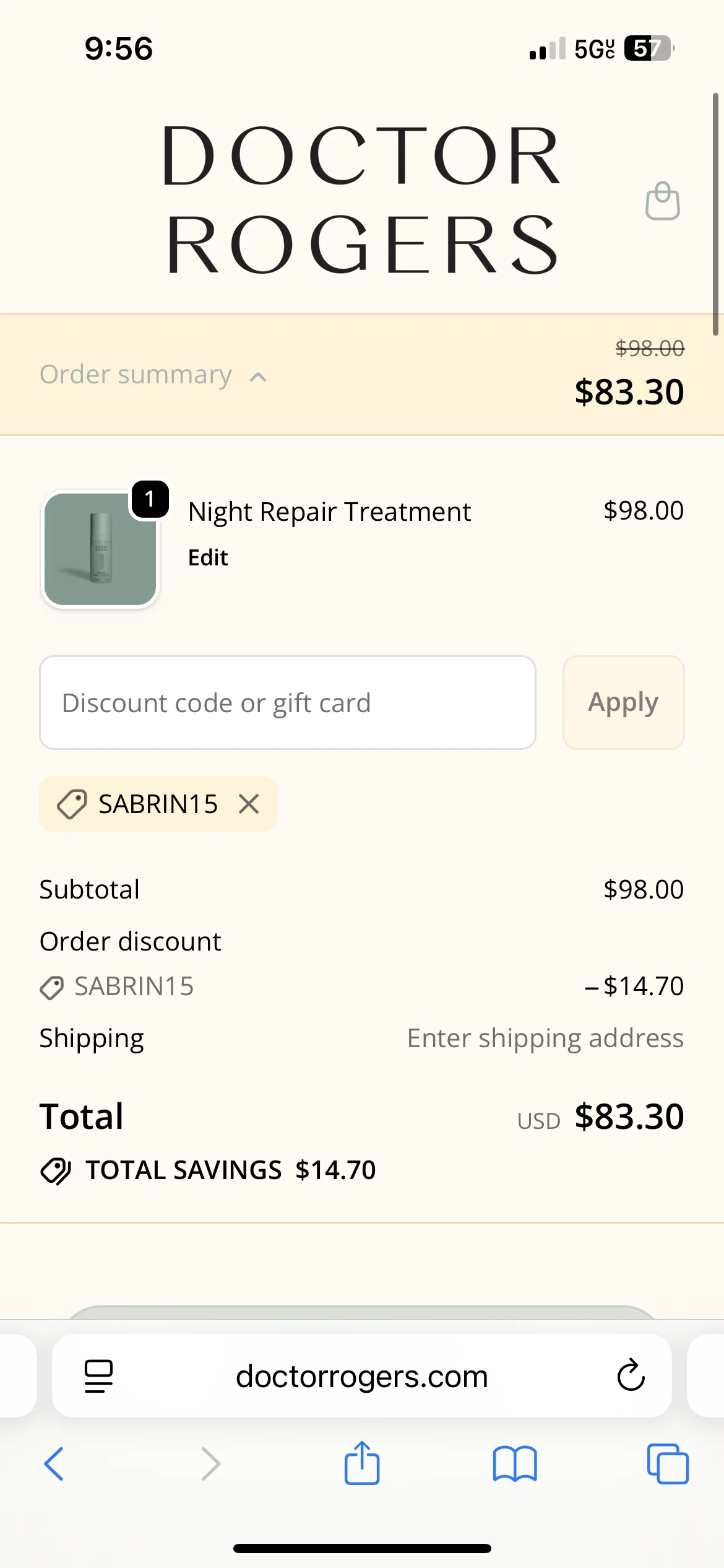 Doctor Rogers coupon code screenshot showing code SABRIN15 applied at Doctor Rogers checkout page. Uploaded by SimplyCodes community member WonderLion4832 on Nov 14, 2025
