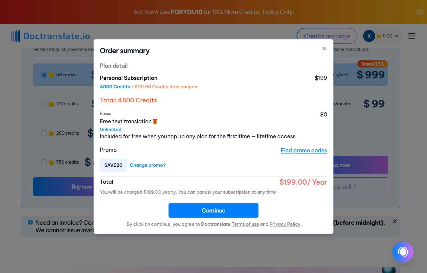 Doctranslate checkout page showing Doctranslate promo code box | Screenshot taken by SimplyCodes community member on Oct 23, 2025