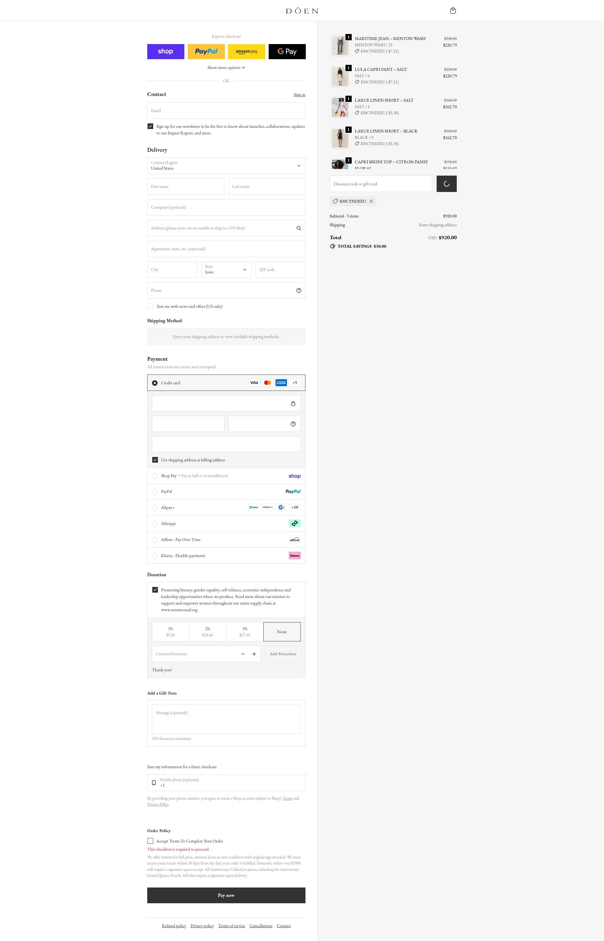 Dôen checkout page showing Dôen promo code box | Screenshot taken by SimplyCodes community member on Feb 11, 2026
