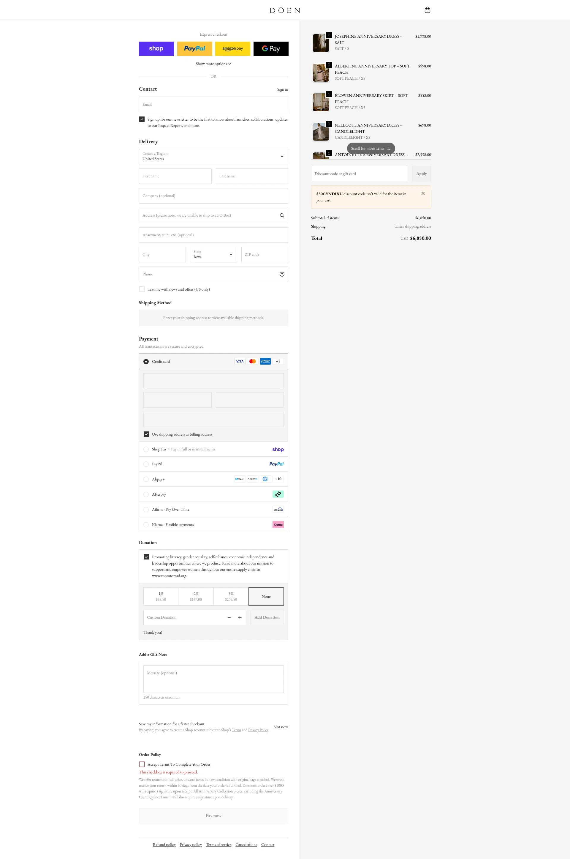 Dôen checkout page showing Dôen promo code box | Screenshot taken by SimplyCodes community member on Feb 14, 2026