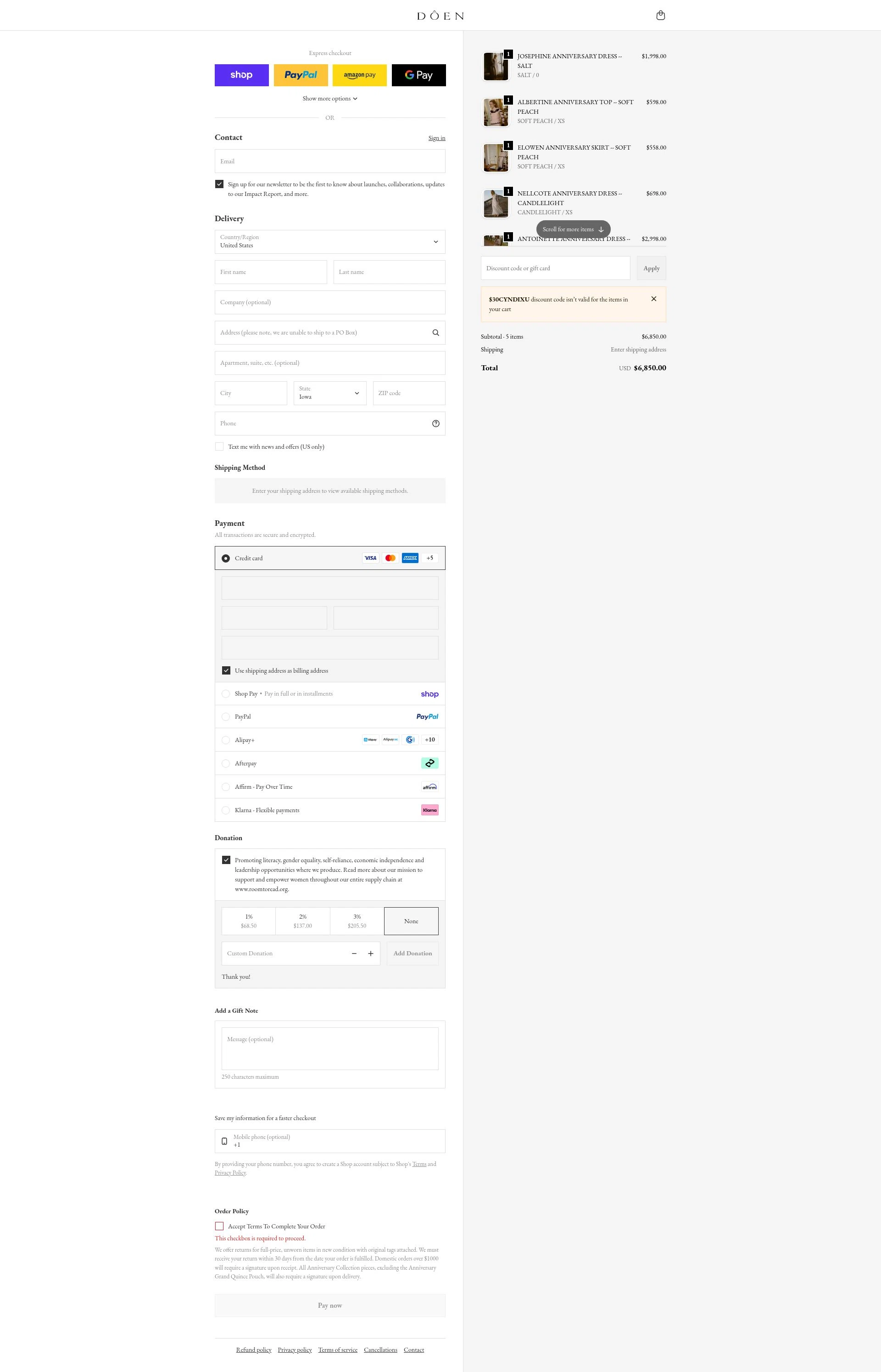 Dôen checkout page showing Dôen promo code box | Screenshot taken by SimplyCodes community member on Feb 13, 2026