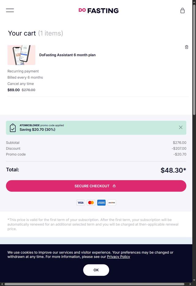 DoFasting checkout page showing DoFasting promo code box | Screenshot taken by SimplyCodes community member on Aug 25, 2025