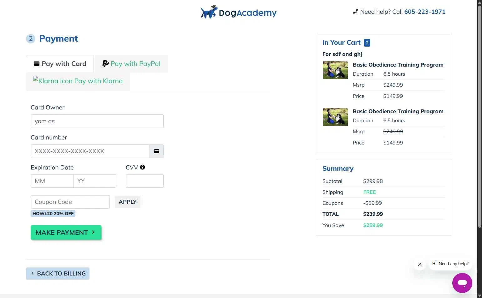 Dog Academy checkout page showing Dog Academy promo code box | Screenshot taken by SimplyCodes community member on Oct 27, 2025