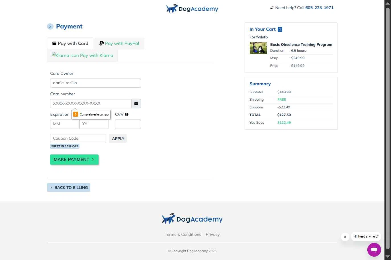 Dog Academy checkout page showing Dog Academy promo code box | Screenshot taken by SimplyCodes community member on Dec 15, 2025