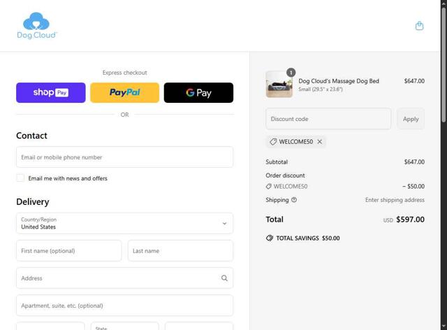 Dog Cloud checkout page showing Dog Cloud promo code box | Screenshot taken by SimplyCodes community member on May 23, 2025