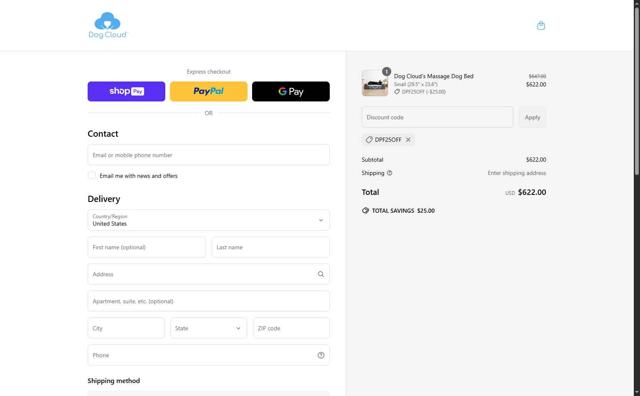 Dog Cloud checkout page showing Dog Cloud promo code box | Screenshot taken by SimplyCodes community member on Apr 24, 2025