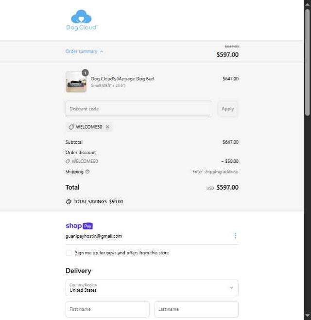 Dog Cloud checkout page showing Dog Cloud promo code box | Screenshot taken by SimplyCodes community member on Apr 24, 2025