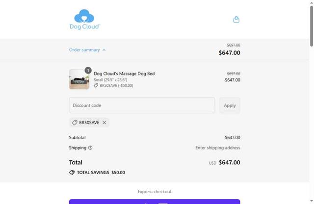Dog Cloud checkout page showing Dog Cloud promo code box | Screenshot taken by SimplyCodes community member on Jul 20, 2025