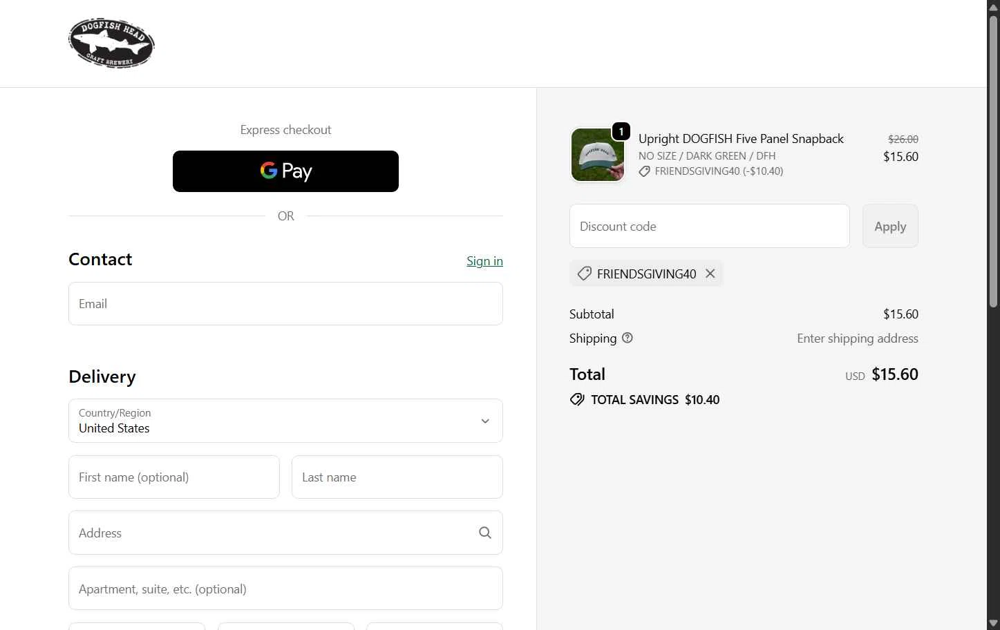 Dogfish Head Brewery checkout page showing Dogfish Head Brewery promo code box | Screenshot taken by SimplyCodes community member on Nov 20, 2025
