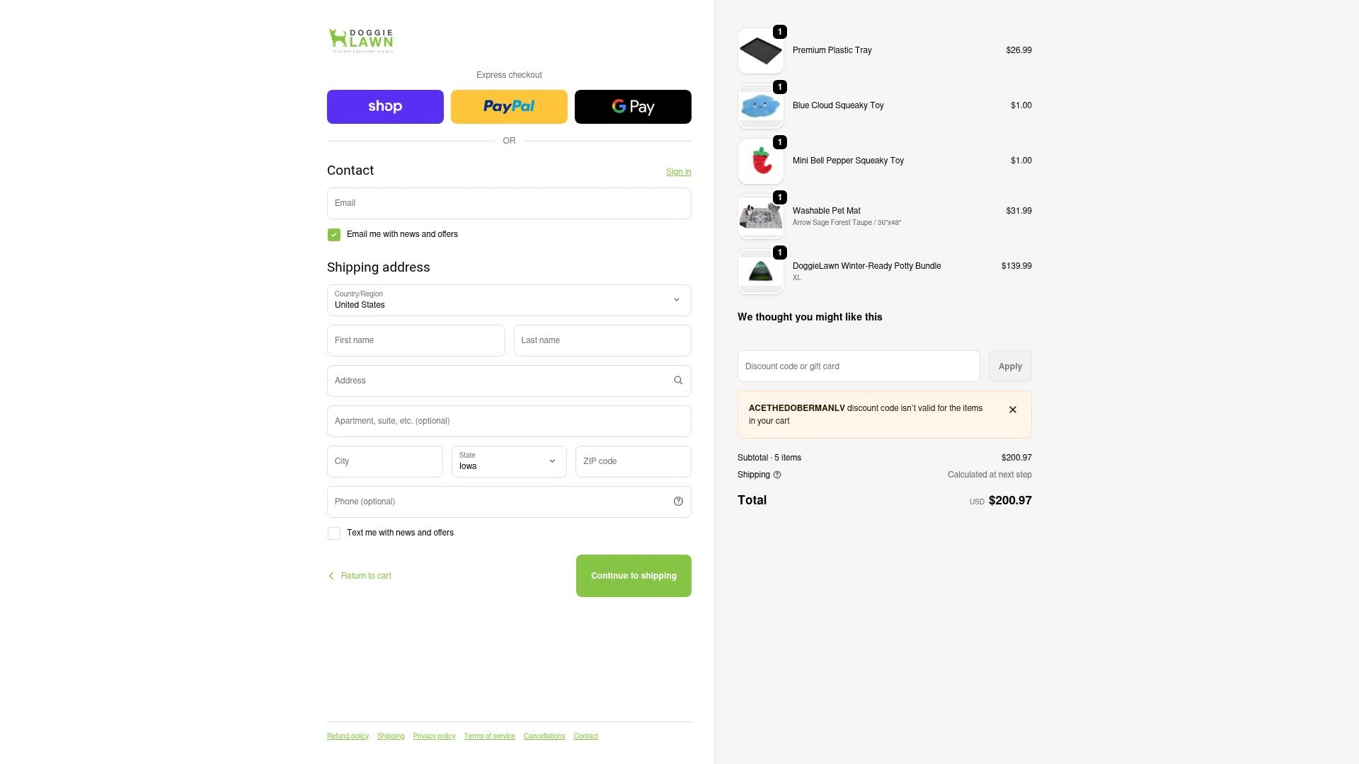 DoggieLawn checkout page showing DoggieLawn promo code box | Screenshot taken by SimplyCodes community member on Jan 31, 2026