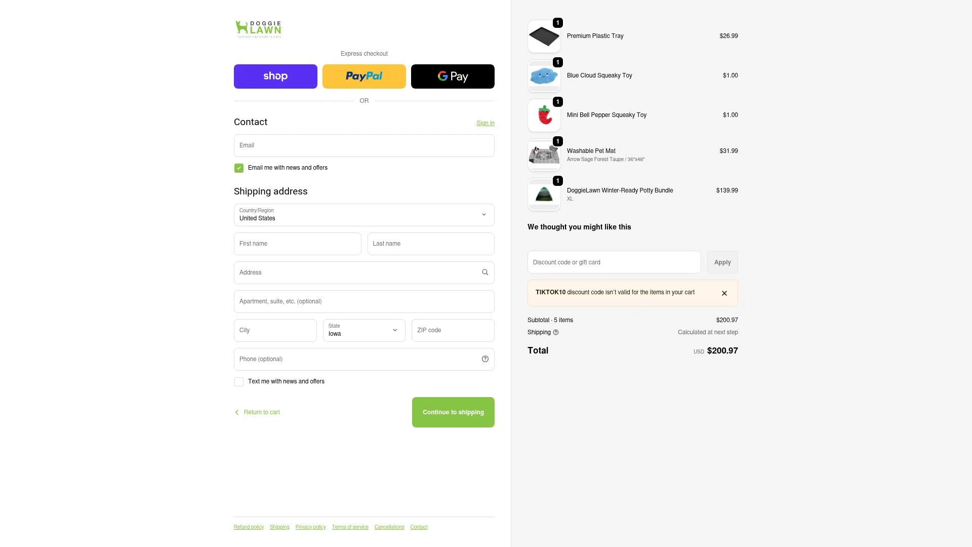 DoggieLawn checkout page showing DoggieLawn promo code box | Screenshot taken by SimplyCodes community member on Jan 31, 2026