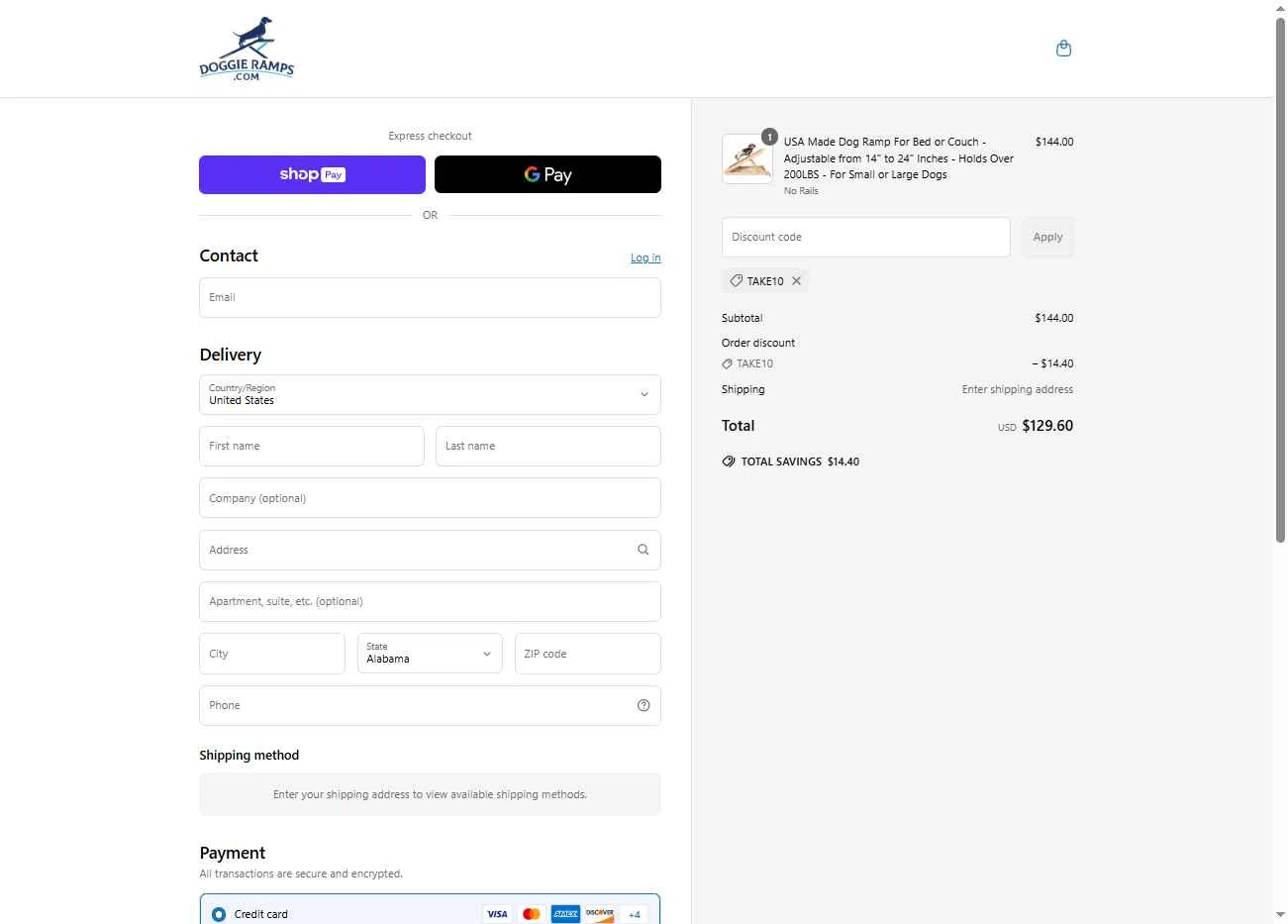 Doggie Ramps checkout page showing Doggie Ramps promo code box | Screenshot taken by SimplyCodes community member on Jun 2, 2025