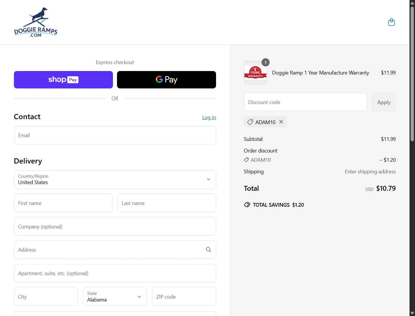 Doggie Ramps checkout page showing Doggie Ramps promo code box | Screenshot taken by SimplyCodes community member on Jun 22, 2025