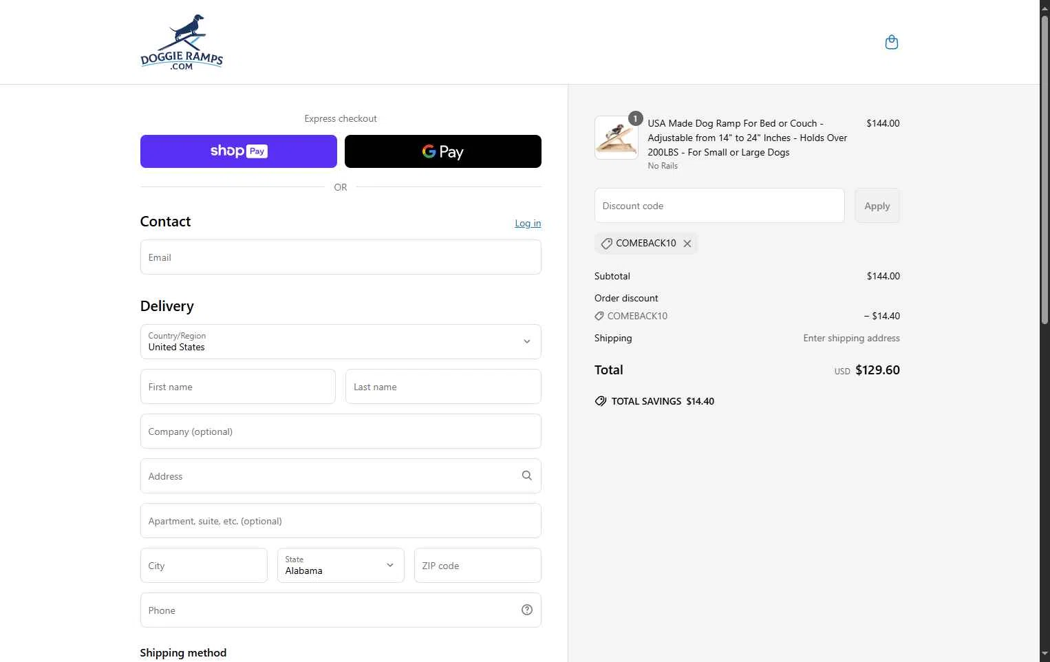 Doggie Ramps checkout page showing Doggie Ramps promo code box | Screenshot taken by SimplyCodes community member on Jun 22, 2025