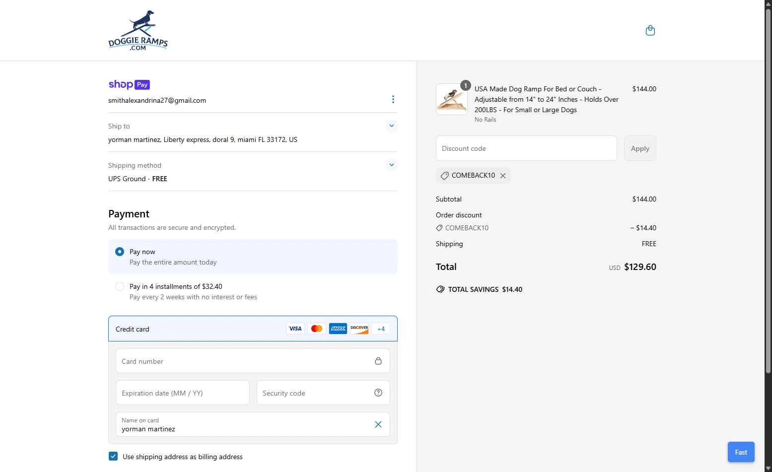 Doggie Ramps checkout page showing Doggie Ramps promo code box | Screenshot taken by SimplyCodes community member on Jun 22, 2025