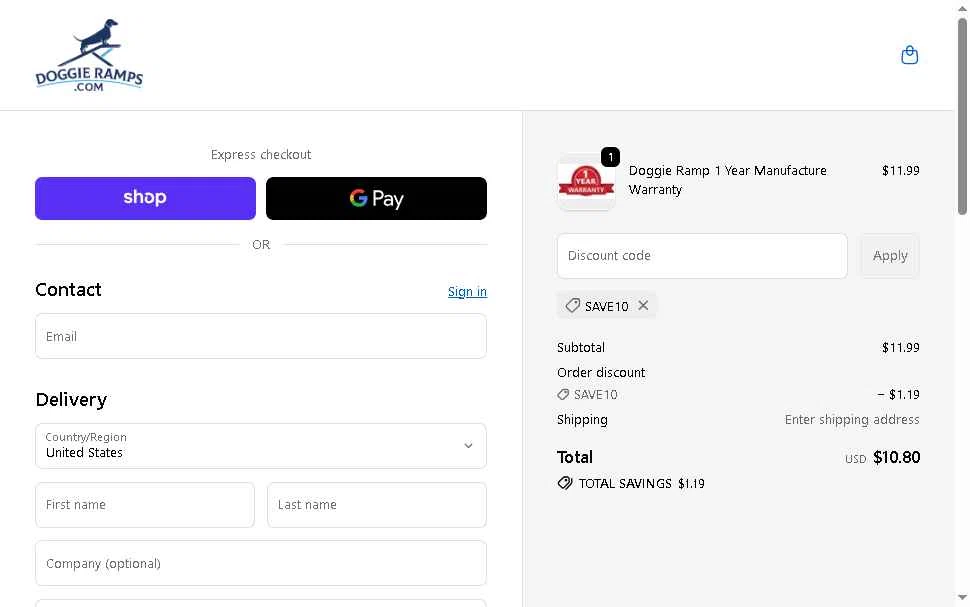 Doggie Ramps checkout page showing Doggie Ramps promo code box | Screenshot taken by SimplyCodes community member on Oct 15, 2025