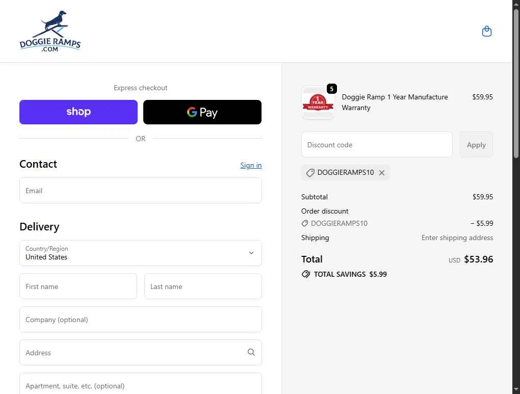 Doggie Ramps checkout page showing Doggie Ramps promo code box | Screenshot taken by SimplyCodes community member on Oct 1, 2025
