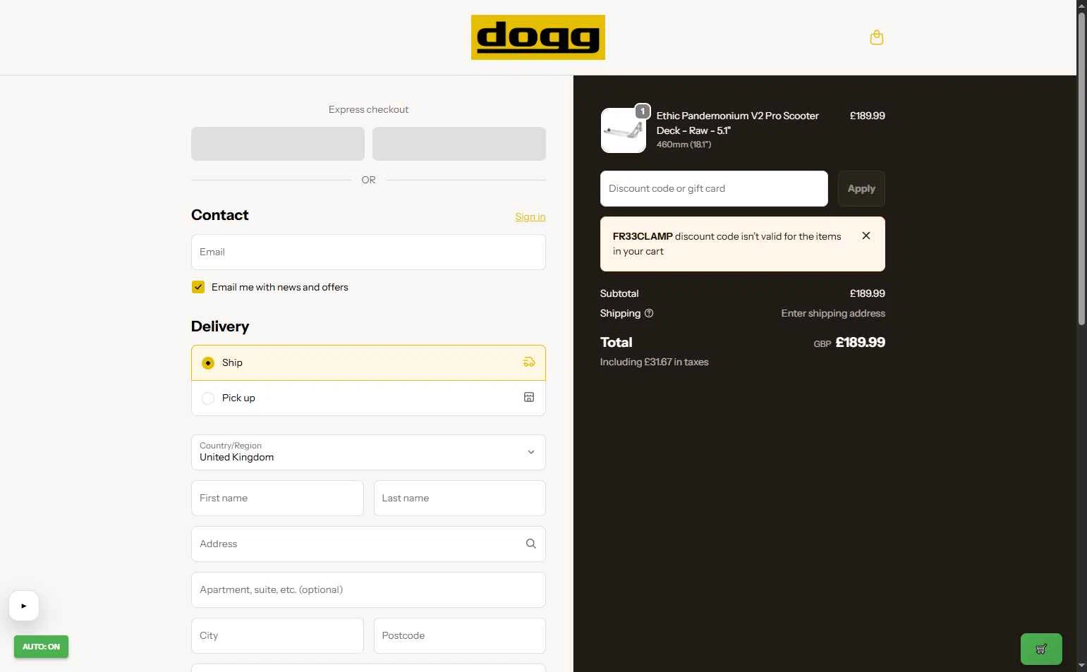 DoggScooters checkout page showing DoggScooters discount code box | Screenshot taken by SimplyCodes community member on Feb 21, 2026