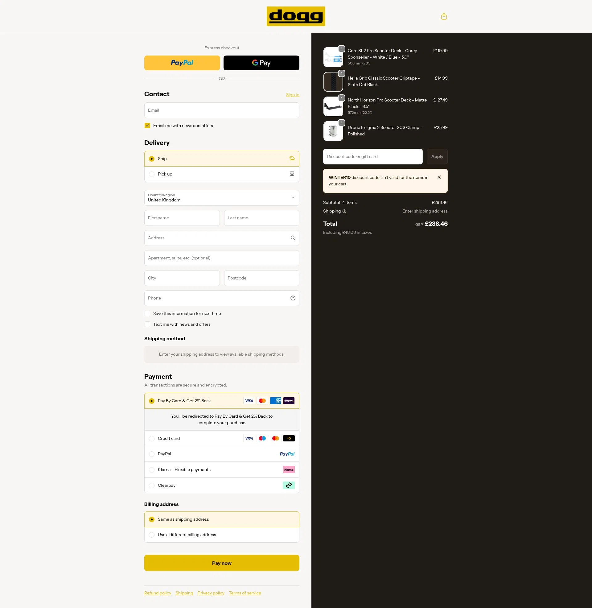 DoggScooters checkout page showing DoggScooters discount code box | Screenshot taken by SimplyCodes community member on Feb 19, 2026
