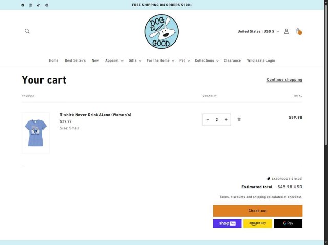 Dog Is Good checkout page showing Dog Is Good promo code box | Screenshot taken by SimplyCodes community member on Aug 27, 2025