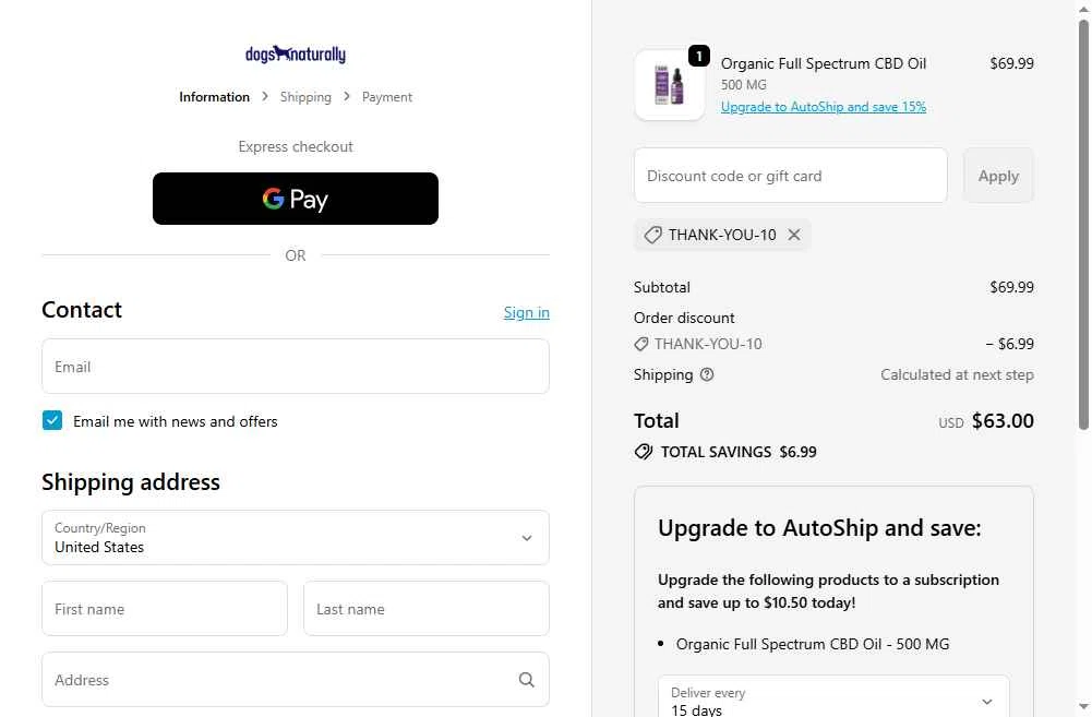 Dogs Naturally checkout page showing Dogs Naturally promo code box | Screenshot taken by SimplyCodes community member on Jan 13, 2026