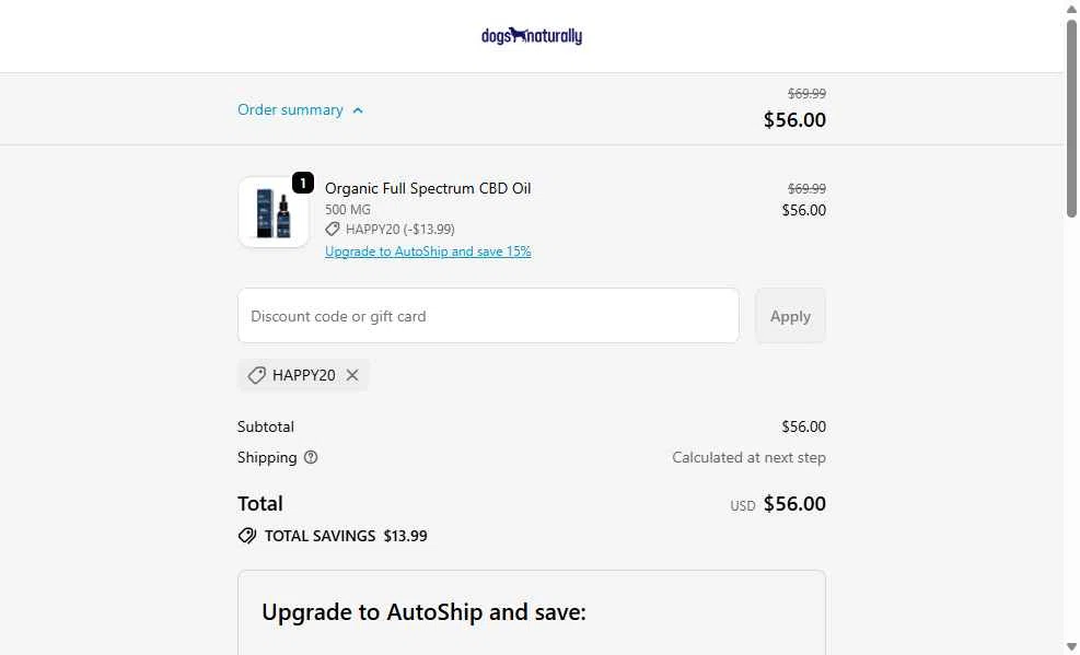 Dogs Naturally checkout page showing Dogs Naturally promo code box | Screenshot taken by SimplyCodes community member on Feb 2, 2026