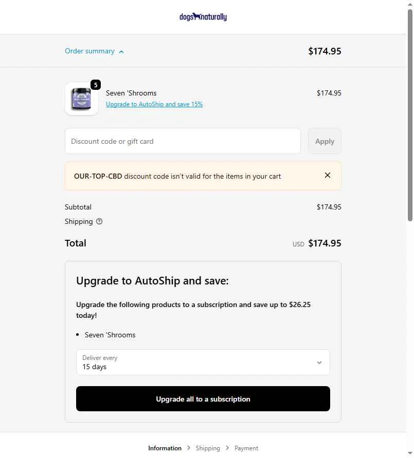 Dogs Naturally checkout page showing Dogs Naturally promo code box | Screenshot taken by SimplyCodes community member on Jan 8, 2026
