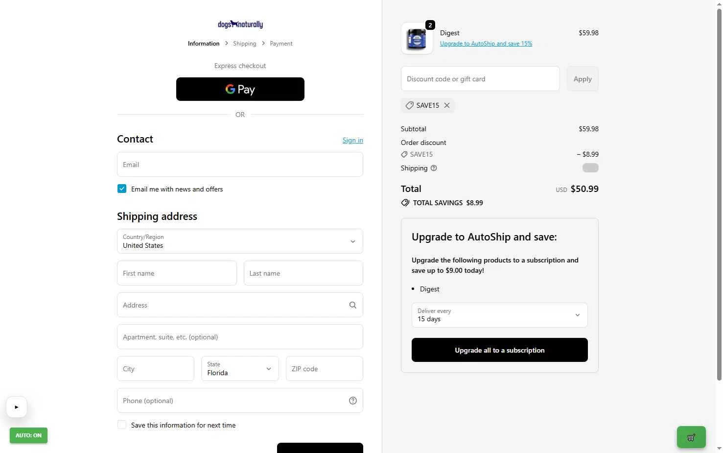Dogs Naturally checkout page showing Dogs Naturally promo code box | Screenshot taken by SimplyCodes community member on Jan 10, 2026