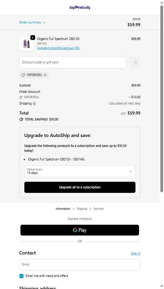 Dogs Naturally checkout page showing Dogs Naturally promo code box | Screenshot taken by SimplyCodes community member on Jan 7, 2026