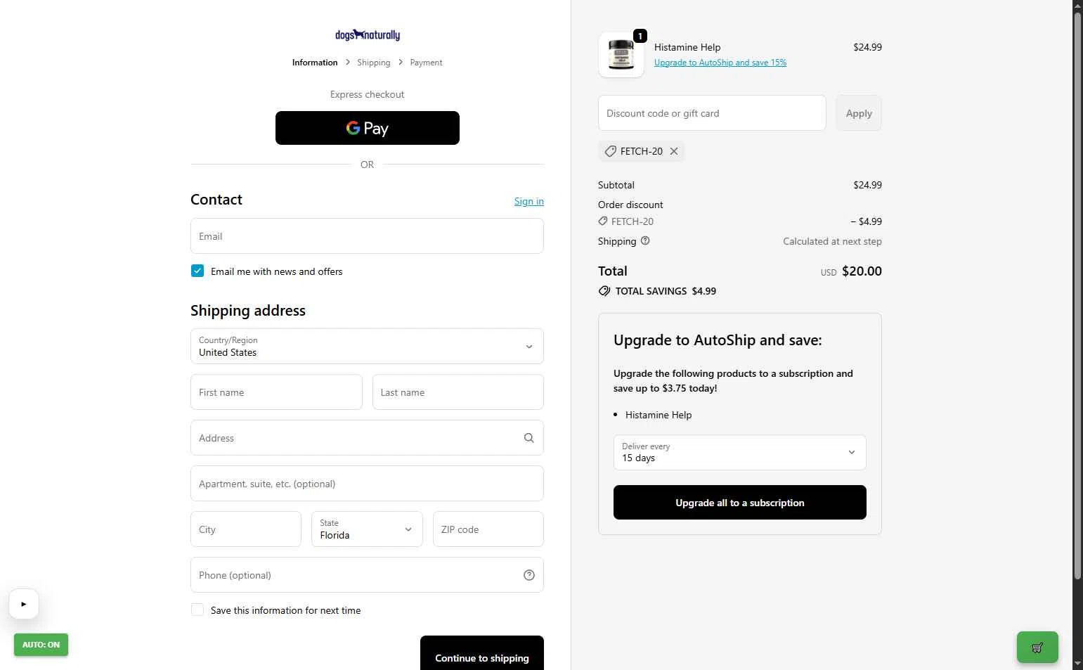 Dogs Naturally checkout page showing Dogs Naturally promo code box | Screenshot taken by SimplyCodes community member on Jan 9, 2026