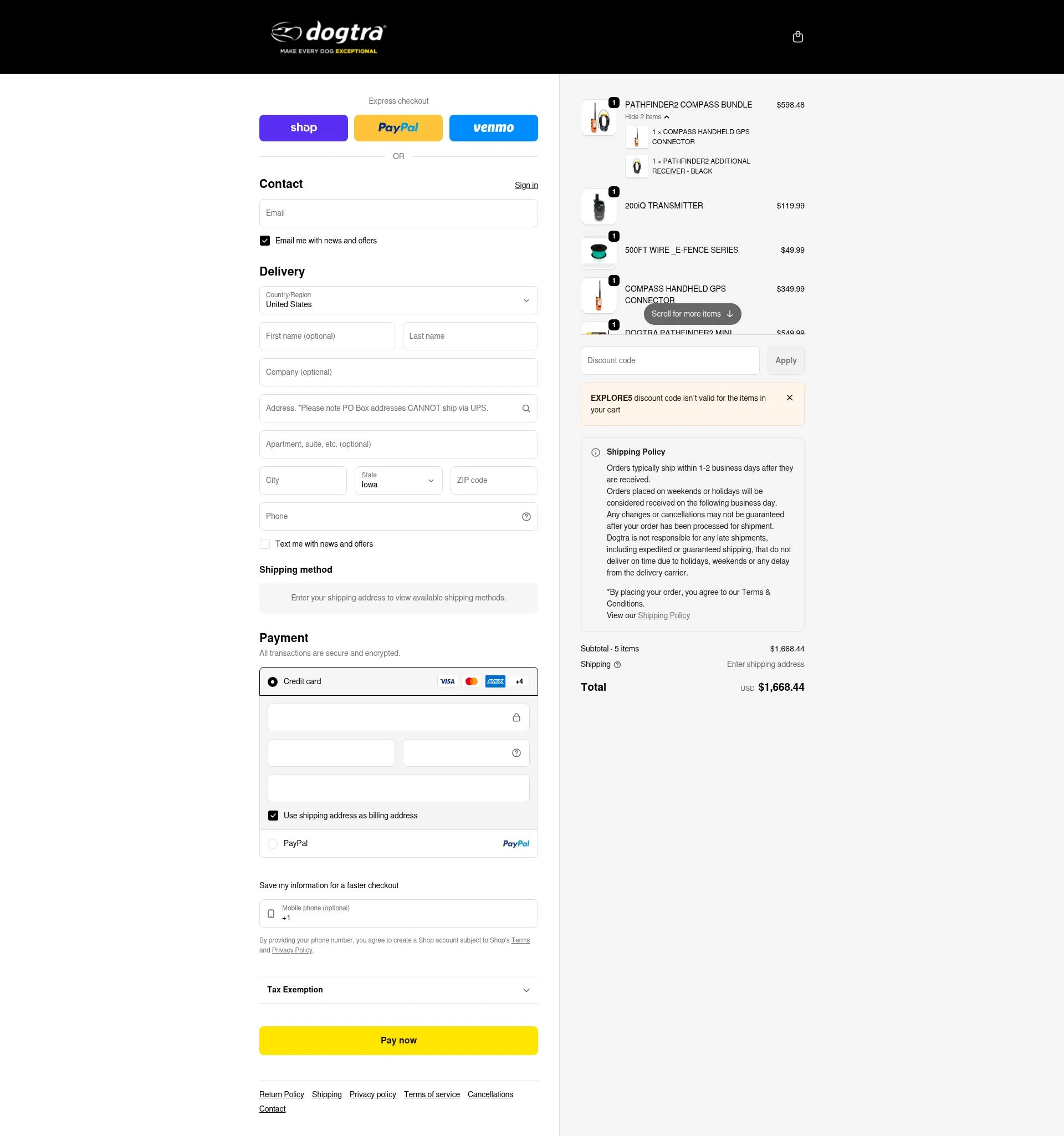 Dogtra checkout page showing Dogtra promo code box | Screenshot taken by SimplyCodes community member on Feb 4, 2026
