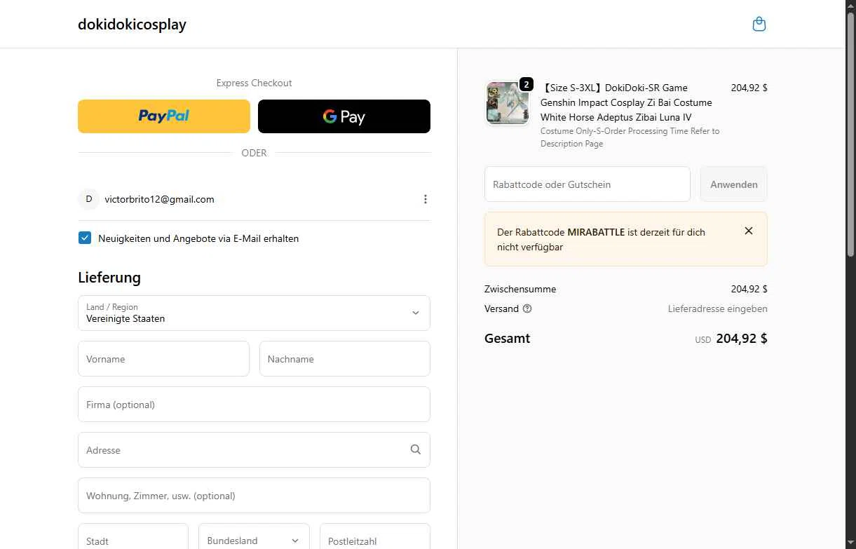 DokiDoki Cosplay checkout page showing DokiDoki Cosplay discount code box | Screenshot taken by SimplyCodes community member on Feb 6, 2026