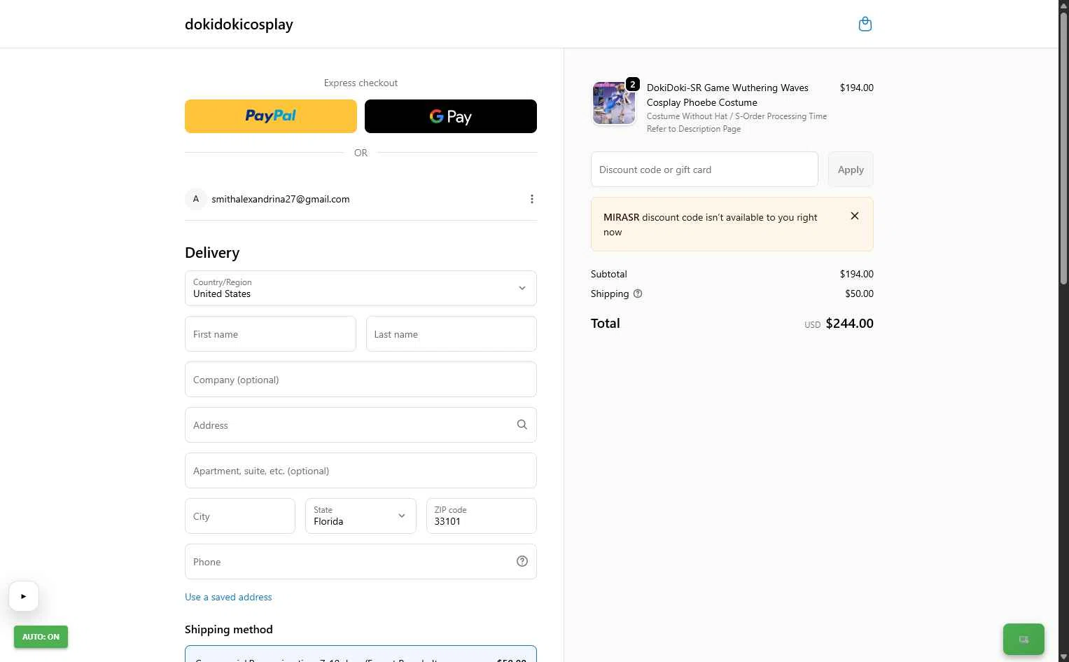 DokiDoki Cosplay checkout page showing DokiDoki Cosplay discount code box | Screenshot taken by SimplyCodes community member on Feb 1, 2026