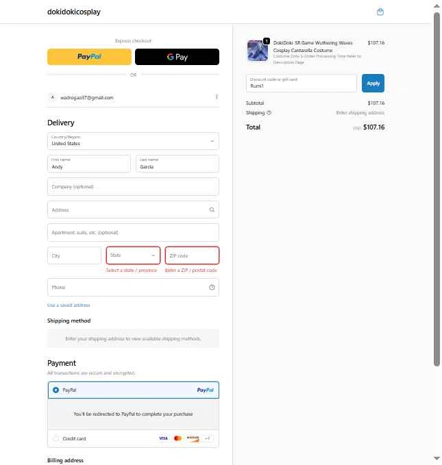 DokiDoki Cosplay checkout page showing DokiDoki Cosplay discount code box | Screenshot taken by SimplyCodes community member on Feb 10, 2026