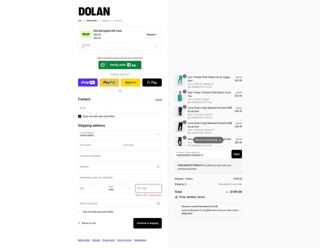 Dolan checkout page showing Dolan discount code box | Screenshot taken by SimplyCodes community member on Aug 26, 2025