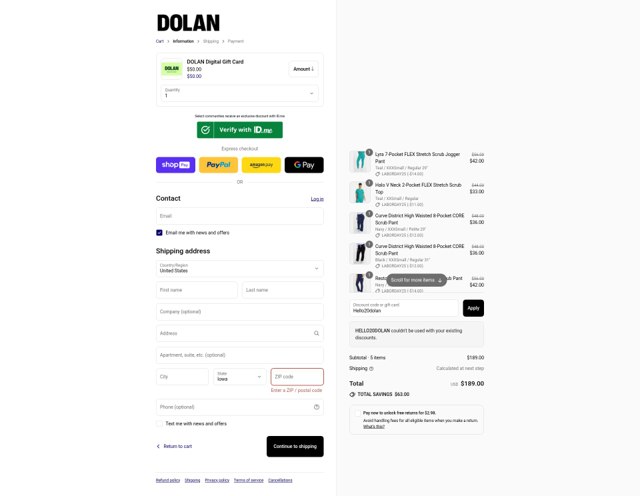 Dolan checkout page showing Dolan discount code box | Screenshot taken by SimplyCodes community member on Aug 26, 2025