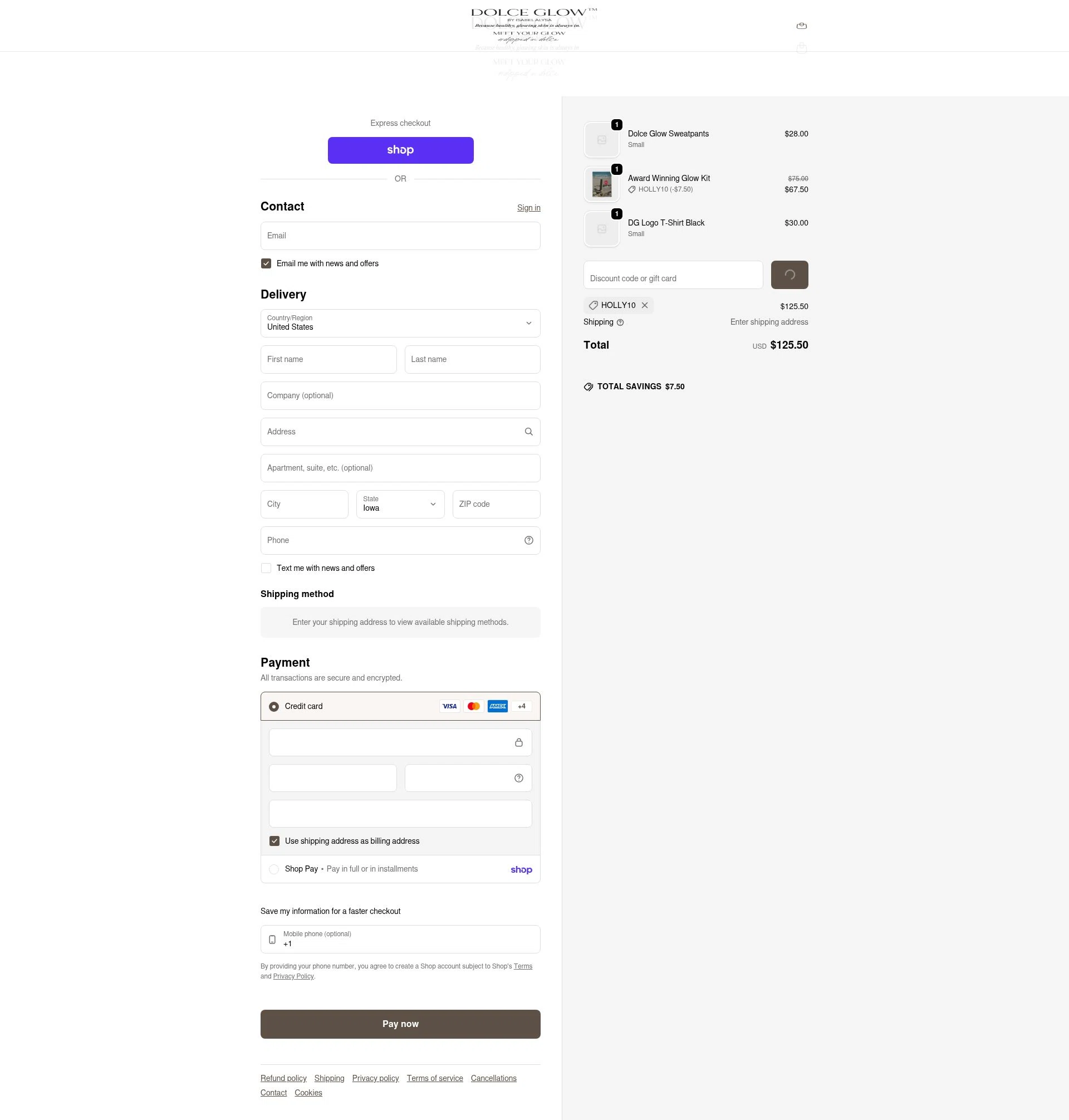 Dolce Glow checkout page showing Dolce Glow coupon code box | Screenshot taken by SimplyCodes community member on Feb 7, 2026