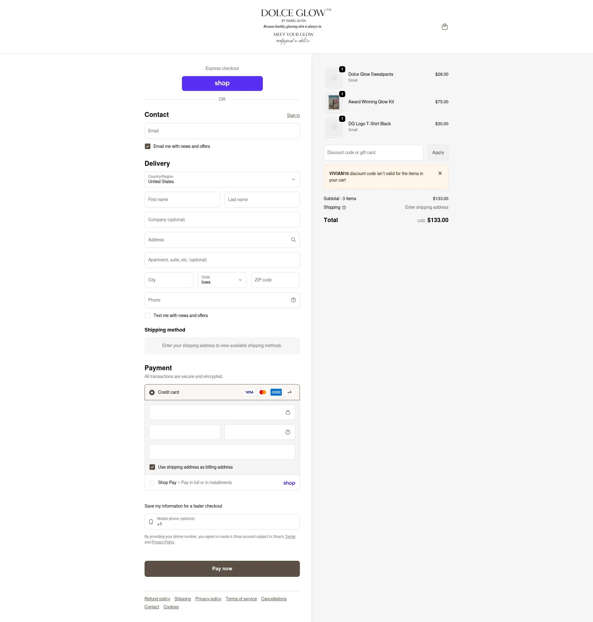 Dolce Glow checkout page showing Dolce Glow coupon code box | Screenshot taken by SimplyCodes community member on Feb 7, 2026