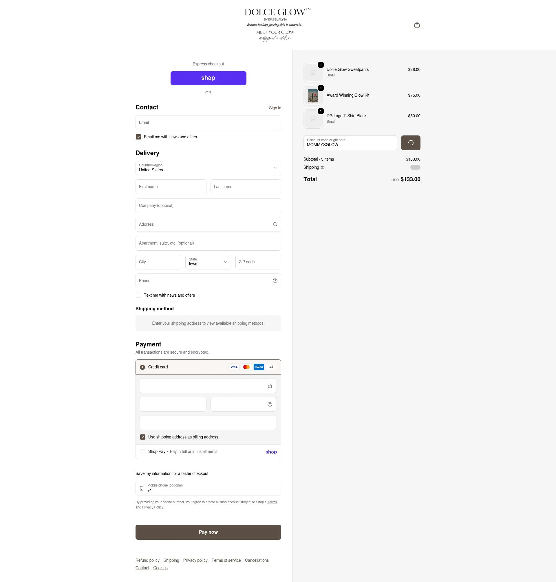 Dolce Glow checkout page showing Dolce Glow coupon code box | Screenshot taken by SimplyCodes community member on Feb 7, 2026