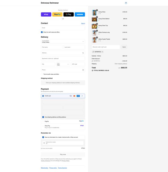 Dolcessa Swimwear checkout page showing Dolcessa Swimwear promo code box | Screenshot taken by SimplyCodes community member on Sep 12, 2025