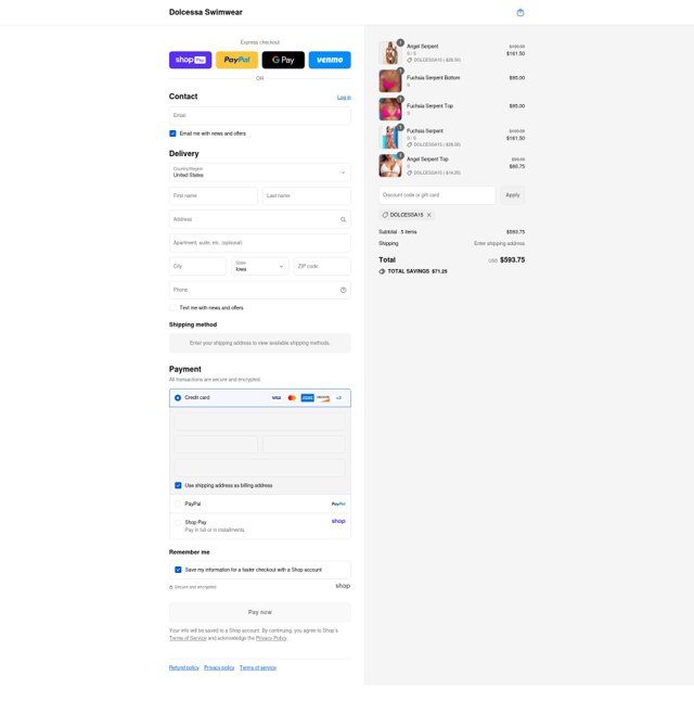 Dolcessa Swimwear checkout page showing Dolcessa Swimwear promo code box | Screenshot taken by SimplyCodes community member on Aug 17, 2025