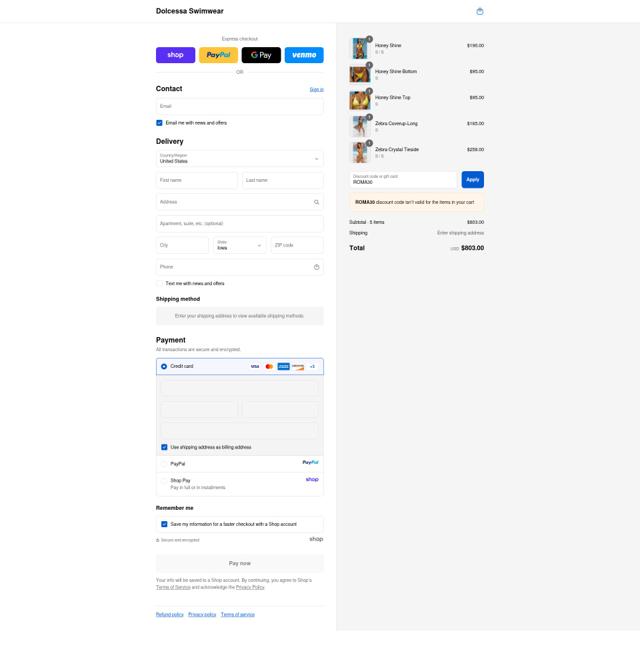 Dolcessa Swimwear checkout page showing Dolcessa Swimwear promo code box | Screenshot taken by SimplyCodes community member on Sep 8, 2025