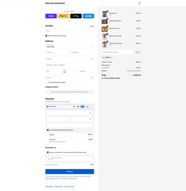 Dolcessa Swimwear checkout page showing Dolcessa Swimwear promo code box | Screenshot taken by SimplyCodes community member on Sep 8, 2025