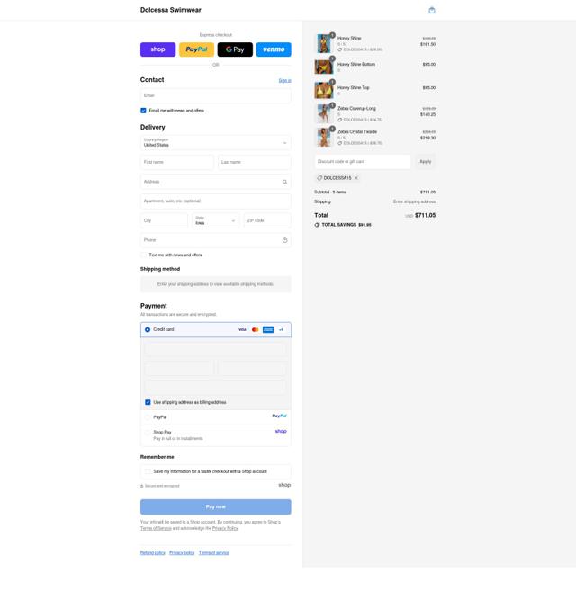 Dolcessa Swimwear checkout page showing Dolcessa Swimwear promo code box | Screenshot taken by SimplyCodes community member on Sep 12, 2025