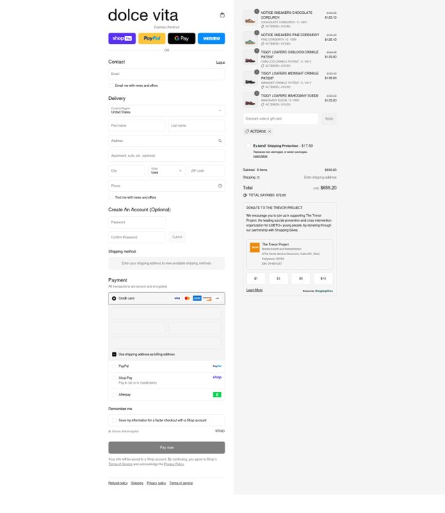 Dolce Vita checkout page showing Dolce Vita discount code box | Screenshot taken by SimplyCodes community member on Aug 26, 2025