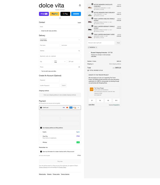 Dolce Vita checkout page showing Dolce Vita discount code box | Screenshot taken by SimplyCodes community member on Aug 26, 2025