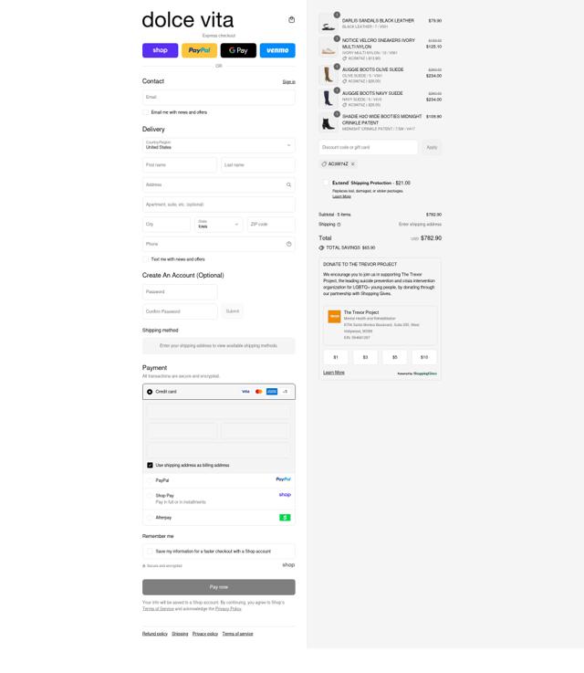 Dolce Vita checkout page showing Dolce Vita discount code box | Screenshot taken by SimplyCodes community member on Sep 12, 2025