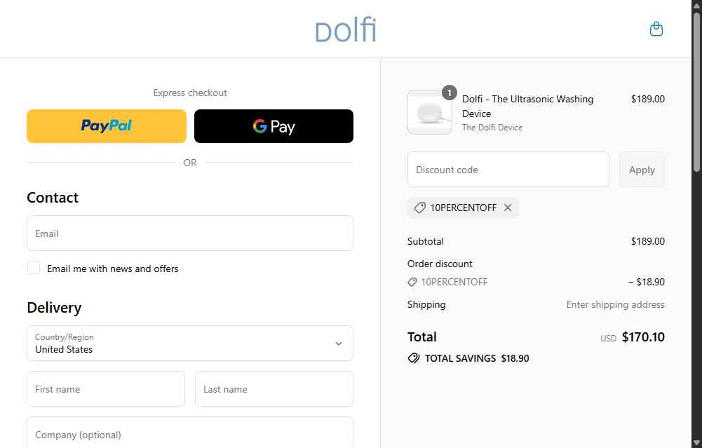 Dolfi checkout page showing Dolfi discount code box | Screenshot taken by SimplyCodes community member on Aug 4, 2025