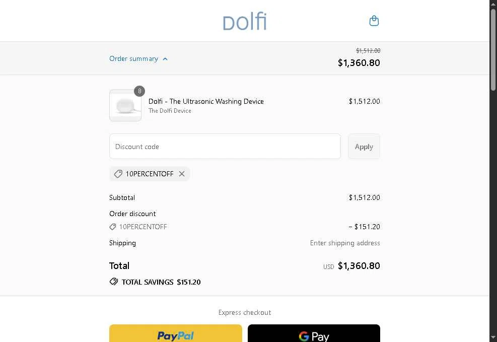 Dolfi checkout page showing Dolfi discount code box | Screenshot taken by SimplyCodes community member on Sep 4, 2025