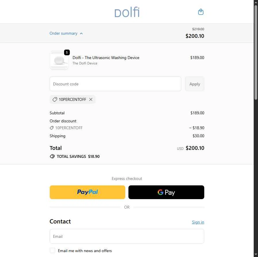 Dolfi checkout page showing Dolfi discount code box | Screenshot taken by SimplyCodes community member on Dec 25, 2025